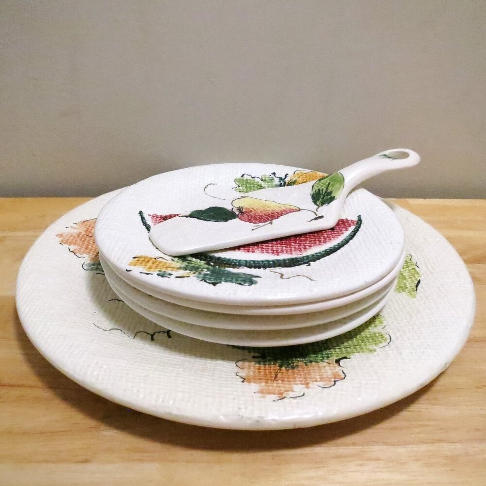 Cake Plate Serving Set Italy 11.5" Plate & 7.5" Serving Plates X4 & Cake Knife